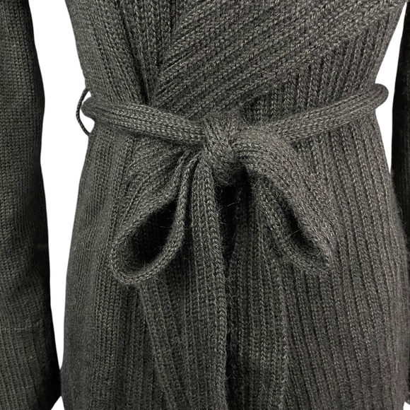 Peruvian Connection Waterfall Cardigan XS Open Front Black Ribbed Knit Tie Waist - Picture 12 of 13